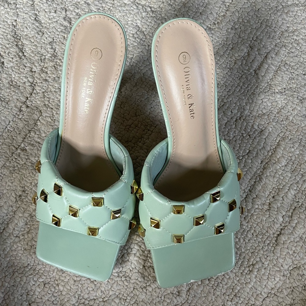 Mint Studded Square-Toe Slide Heels
